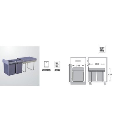 PORTARESIDUOS DOBLE 2x20 LTS.M40 SOFT PTA.ABRIR